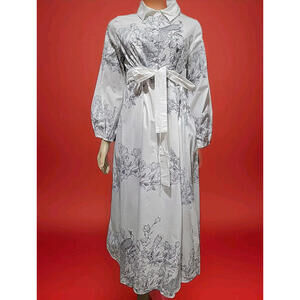 Riva Fashion White Gray Size L Peacock & Floral Belted Maxi Dress NEW #C